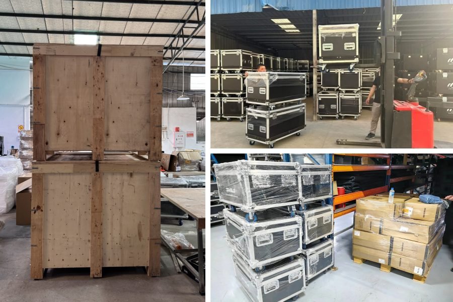 Processus d’emballage et d’expédition avec caisses en bois et flight cases chez Lucky Active Games