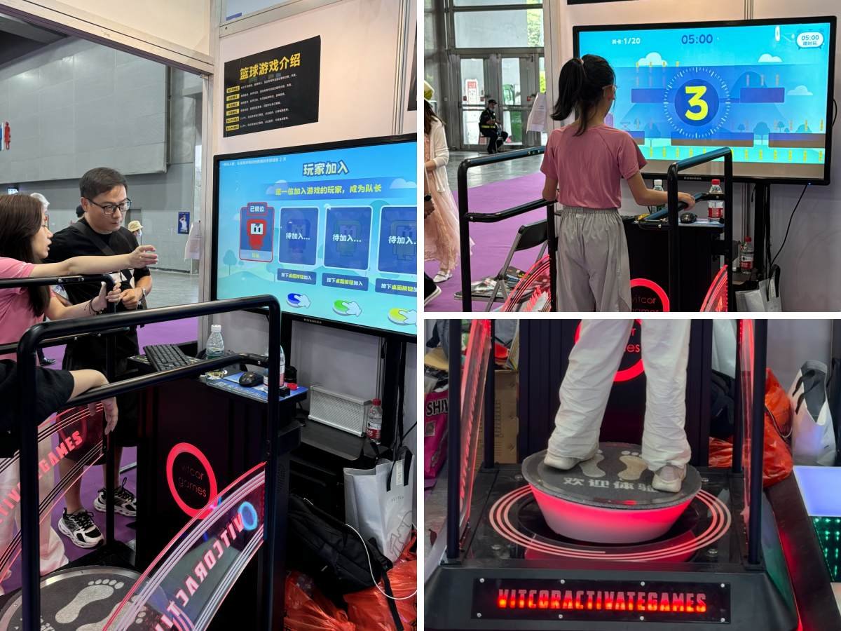 Picture mosaic, showing the scene of customers consulting the interactive motion platform at the exhibition, and customers experiencing the operation of the game