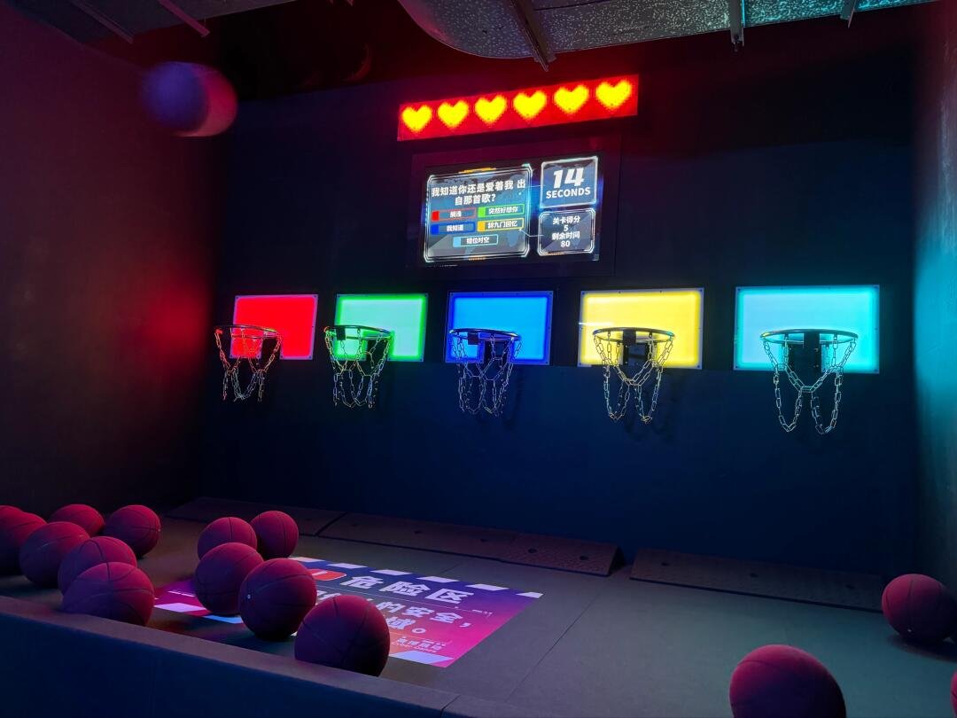 In the Basketball Shooting Game, there is a display screen above and a health value display device. There is an LED screen behind the backboard, and the light will flash when the ball is shot.