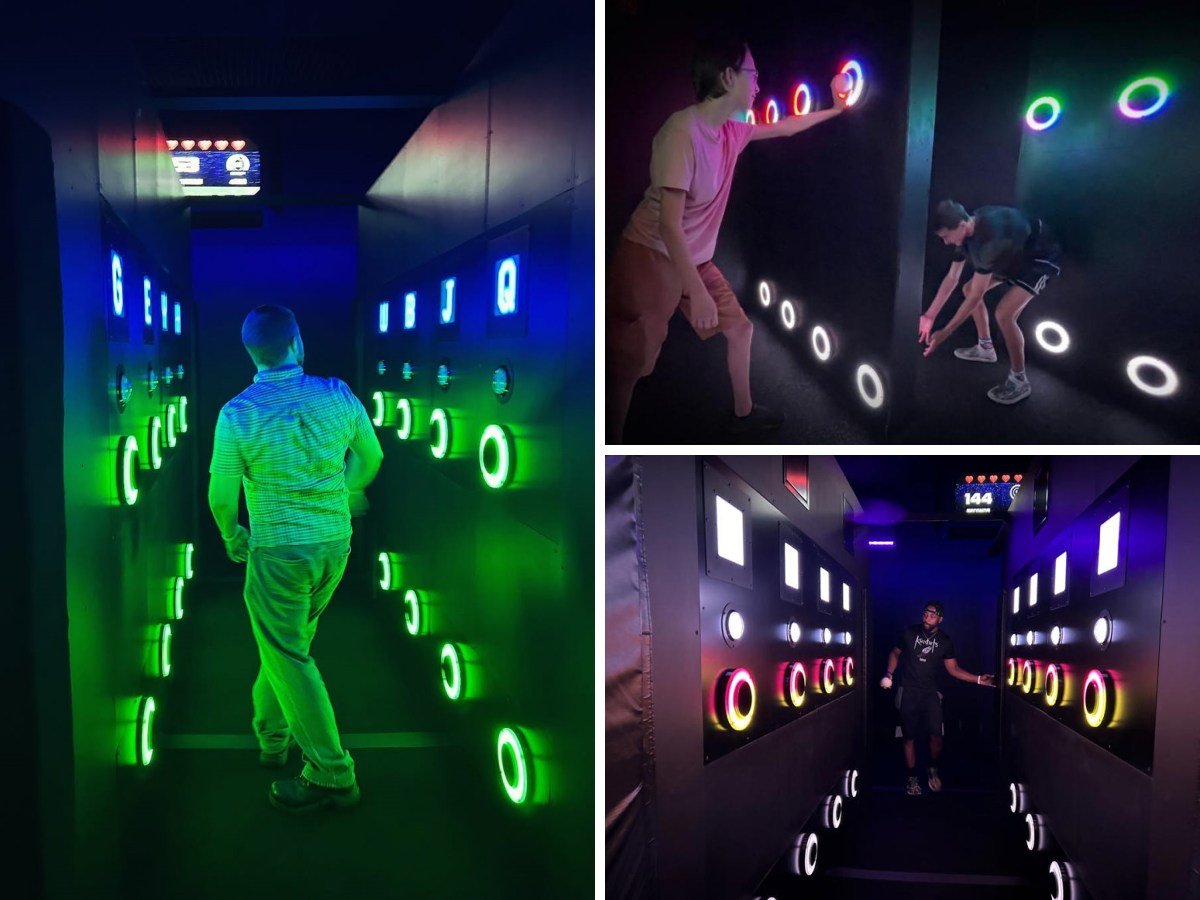 A scene showing players cooperating in the pipe ball game room