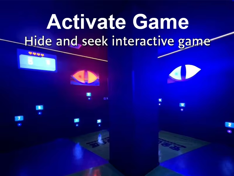 Dodge the Evil Eyes game room with number buttons, eyes, and pillars