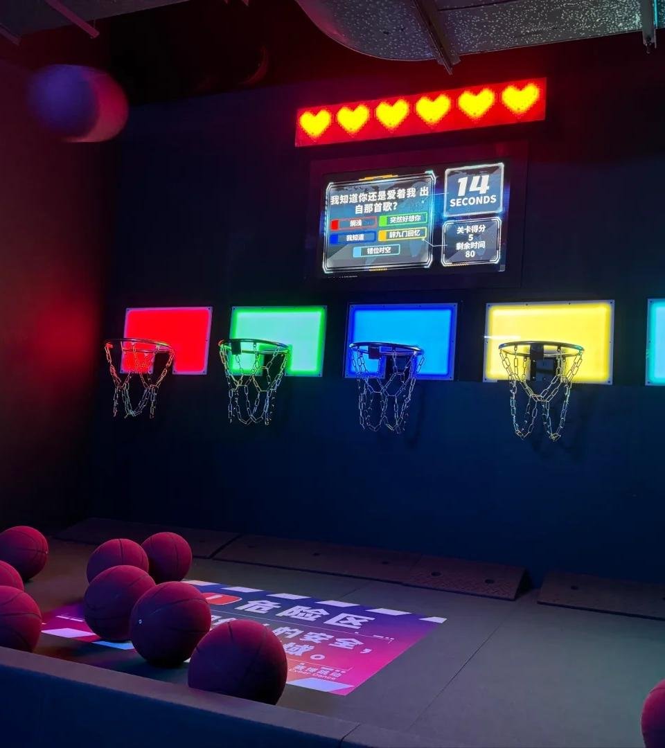 The LED screen displays the question and the player throws the ball into the basket with the correct answer