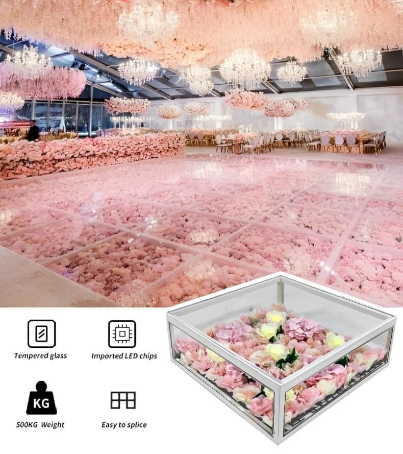The wedding scene uses floral LED dance floor to create a romantic atmosphere