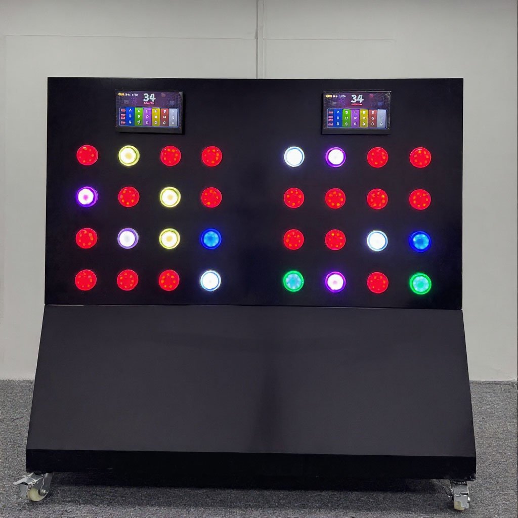 Black freestanding sensing sports wall with colorful LED targets and digital scoreboards.