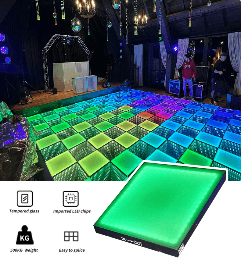 In the disco party, a combination of 3D LED dance floor and rainbow LED dance floor is used