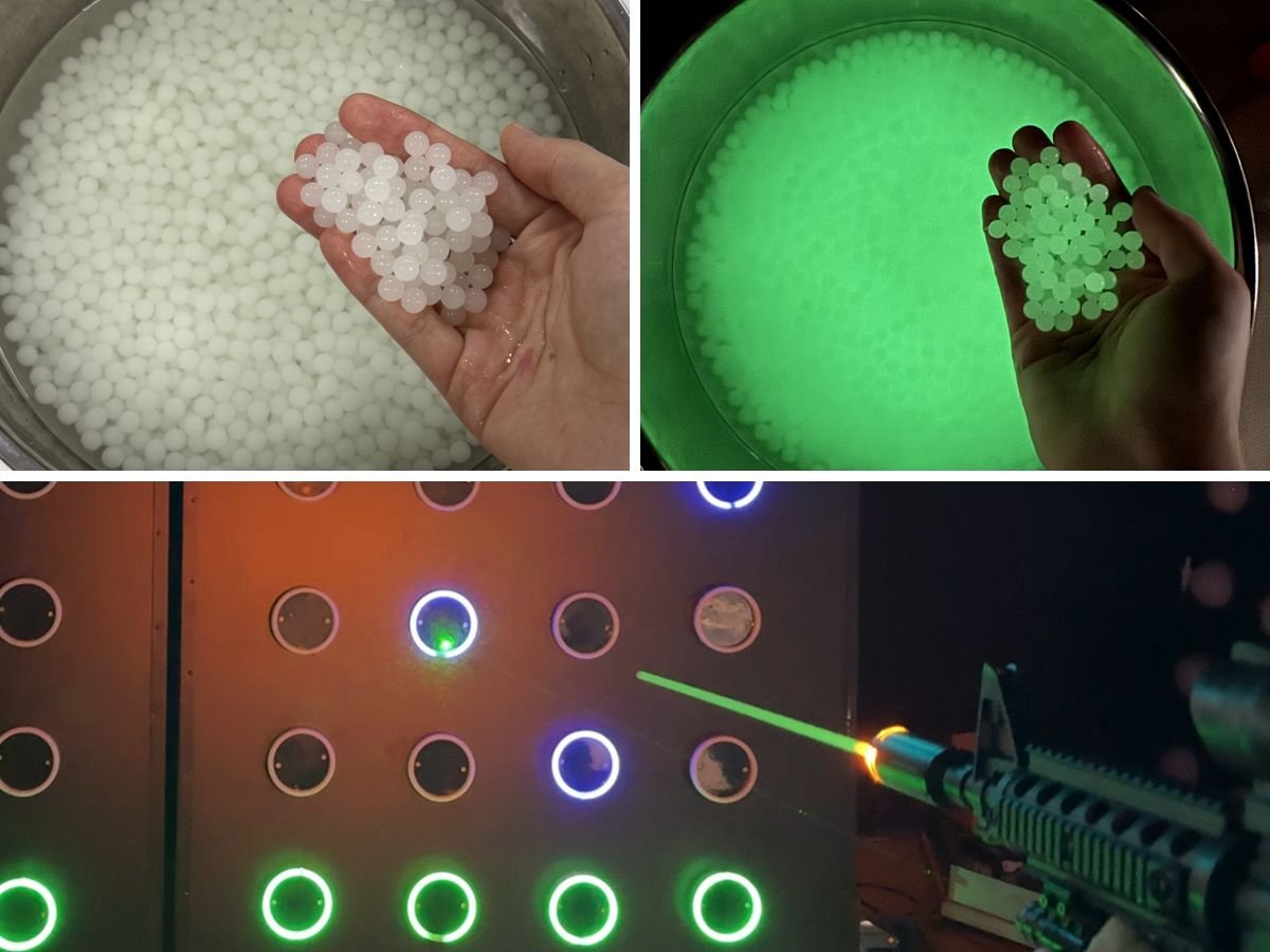 Comparación de bolas de gel fluorescentes a la luz natural y en ambientes oscuros, con la boca del cañón iluminándose al disparar