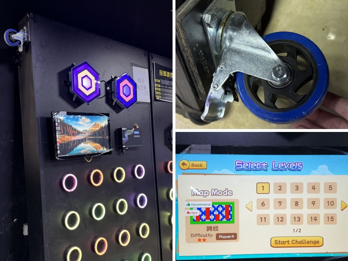 Collage de tres imágenes que muestran las soluciones móviles HydroBlaster: ruedas, pantalla de entrada al juego y foto del producto