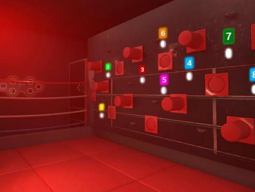 The Knock Out game features fists on the wall and glowing LED buttons.