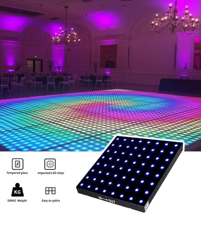 Pista da ballo interattiva a LED (pixel) con giochi di luce personalizzabili per ricevimenti di matrimonio.
